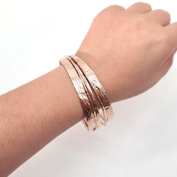 Milor Italy Bronze Rose Gold Hammered set of 5 Stackable Bangle Bracelet, modern - Picture 7 of 7